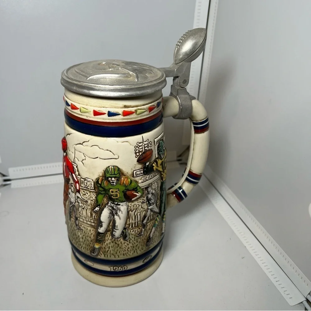 Vintage 1983 Beer Stein Mug History of Football Handcrafted in Brazil Avon 28oz